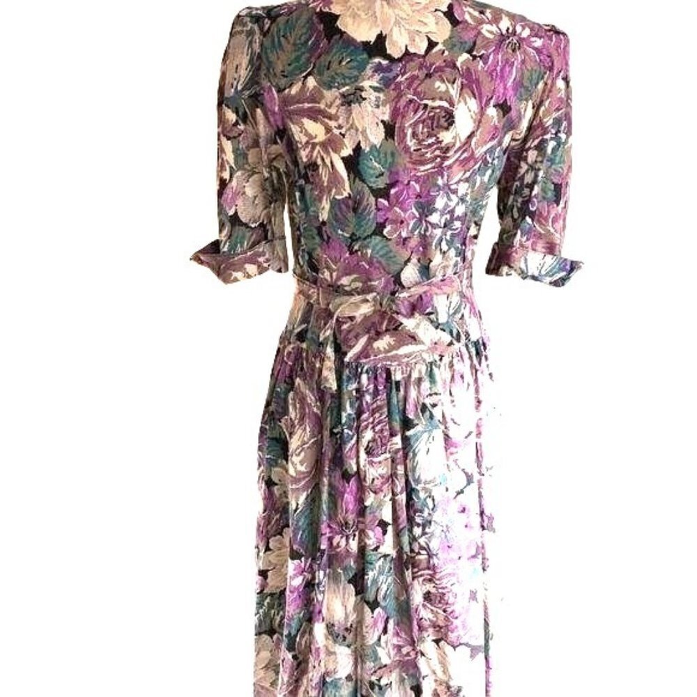 Miss Dorby Midi Dress Size 10 Vintage Purple Green Cotton Floral Corset Waist